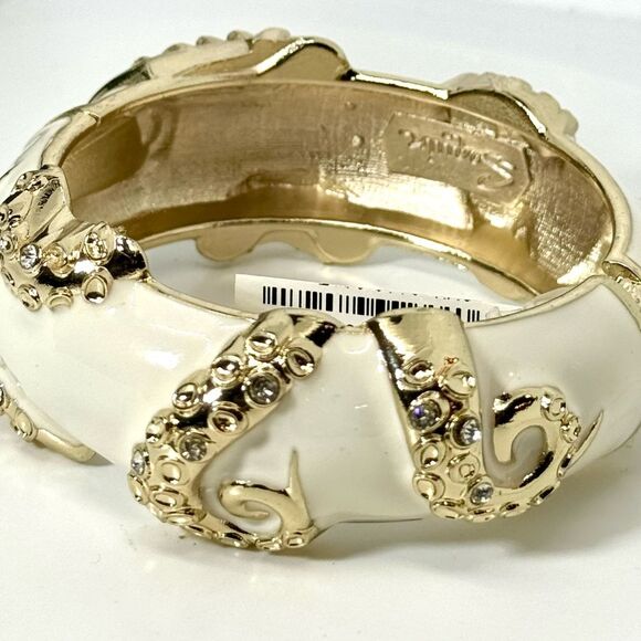 Sequin White and Gold Enamel Hinged Bangle Bracelet - Picture 10 of 16